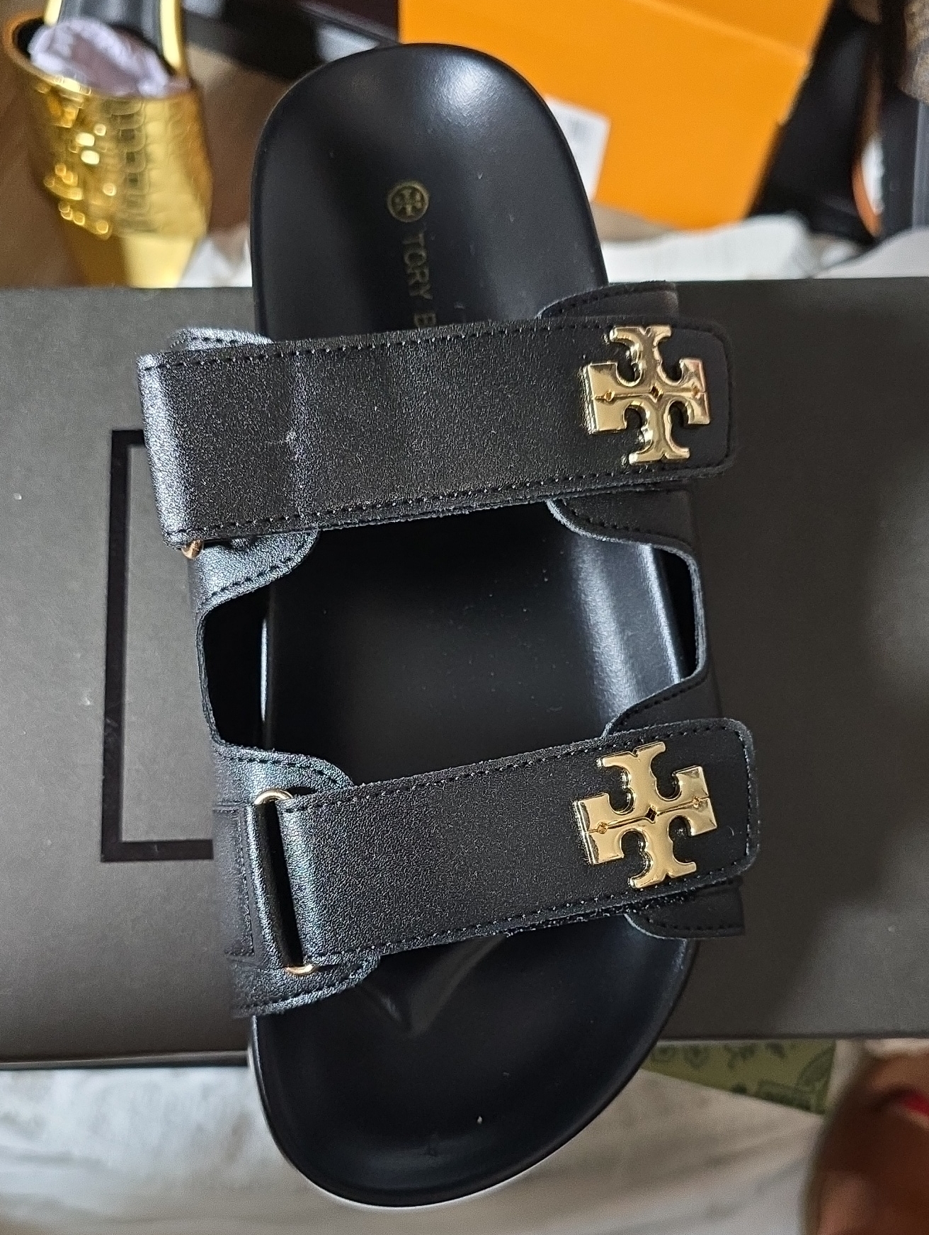 Tory Burch Black Leather Double-Strap Slide With Gold Logo Accents